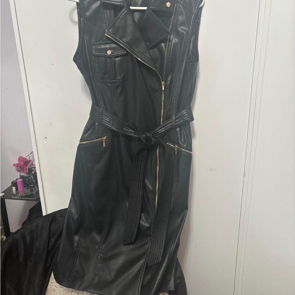 Black Faux Leather Sleeveless Trench Coat